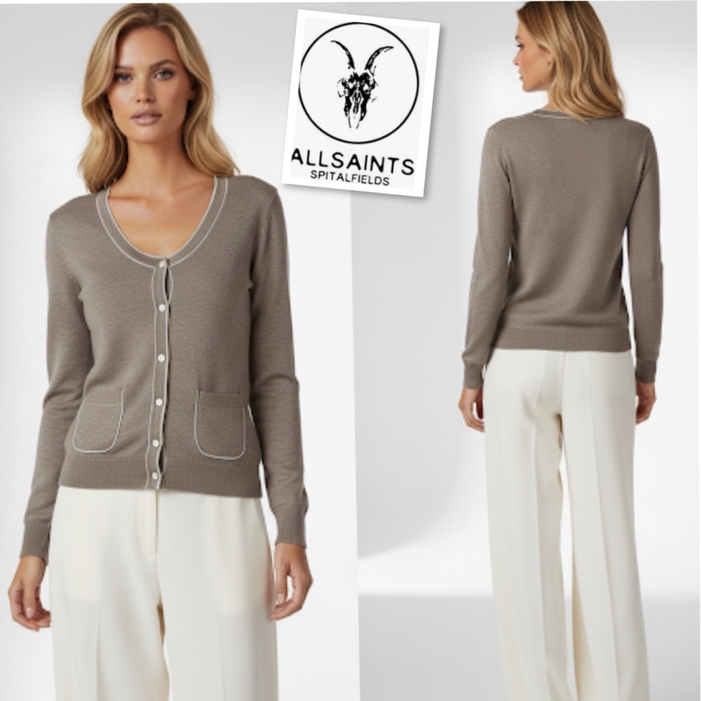 All Saints Taupe Cotton White Piping Detailing Button Down Cardigan Size S
